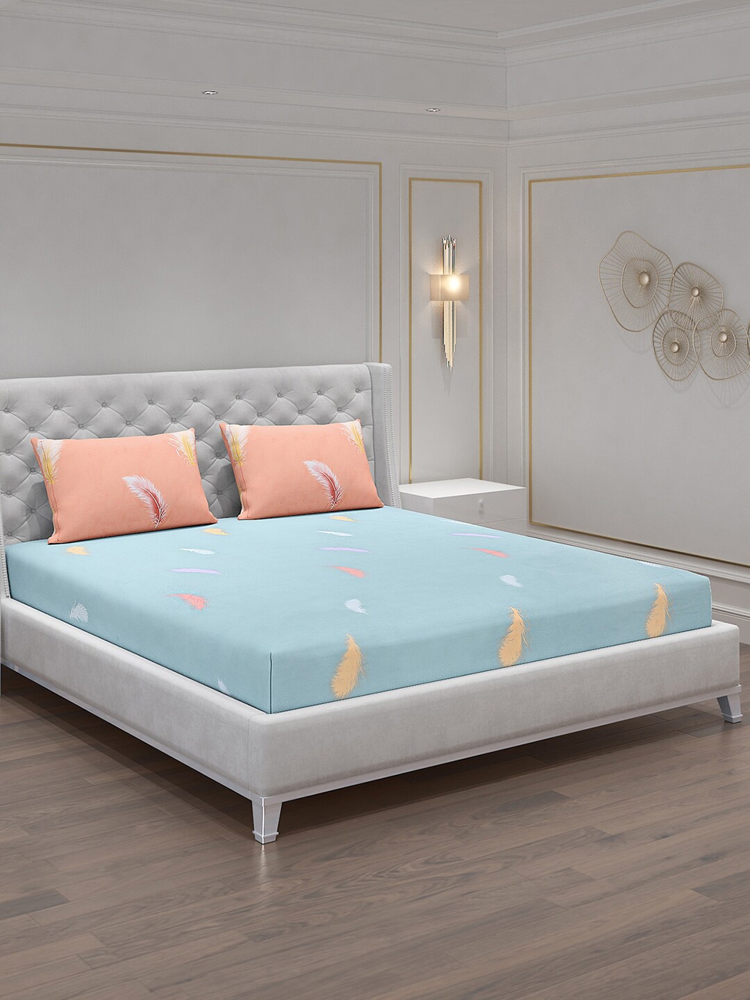 

Monte Carlo Edmond Blue & Peach-Coloured 130 TC King Bedsheet with 2 Pillow Covers