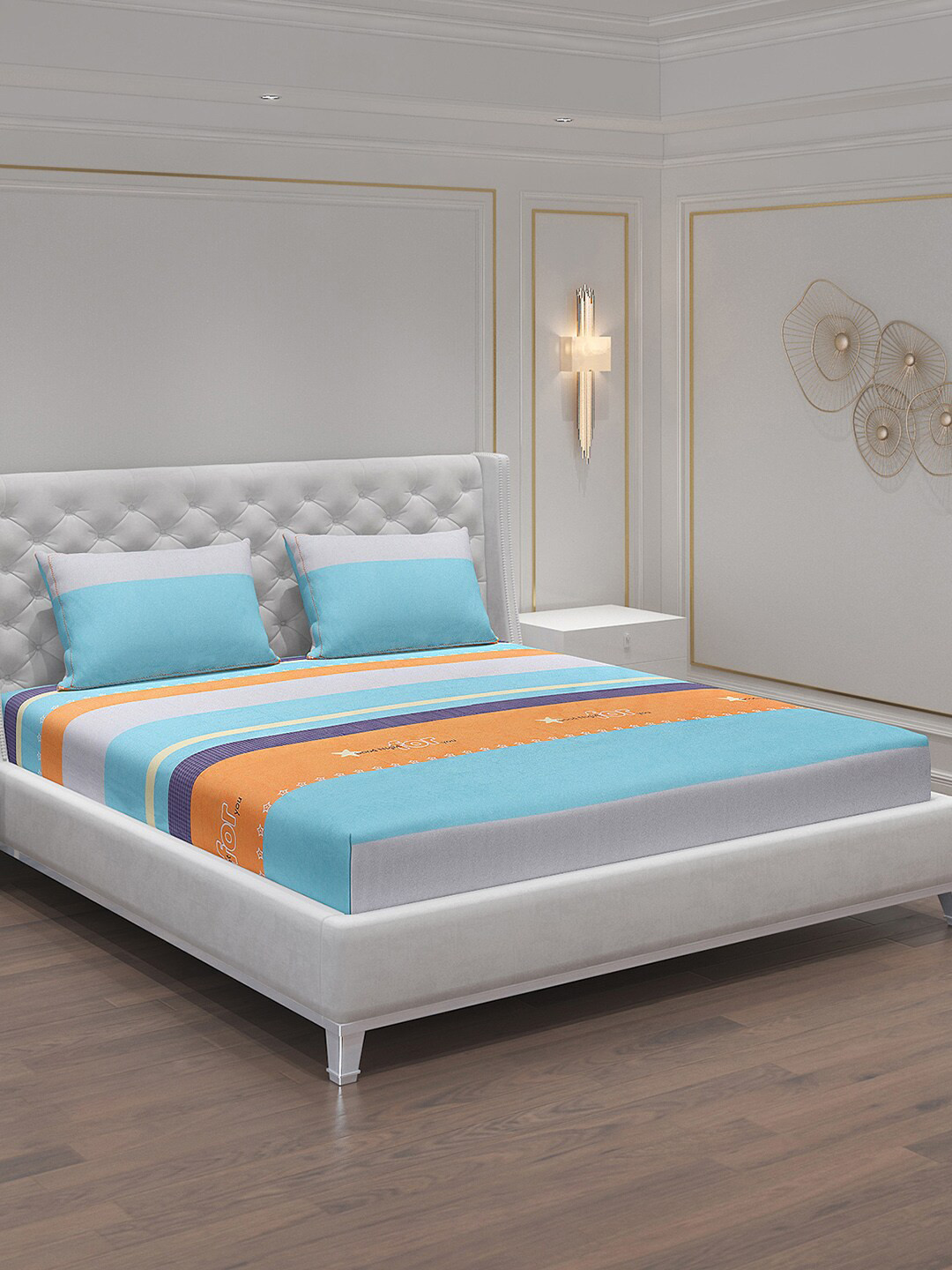 

Monte Carlo Turquoise Blue Striped Polyester 140 TC King Bedsheet & 2 Pillow Covers