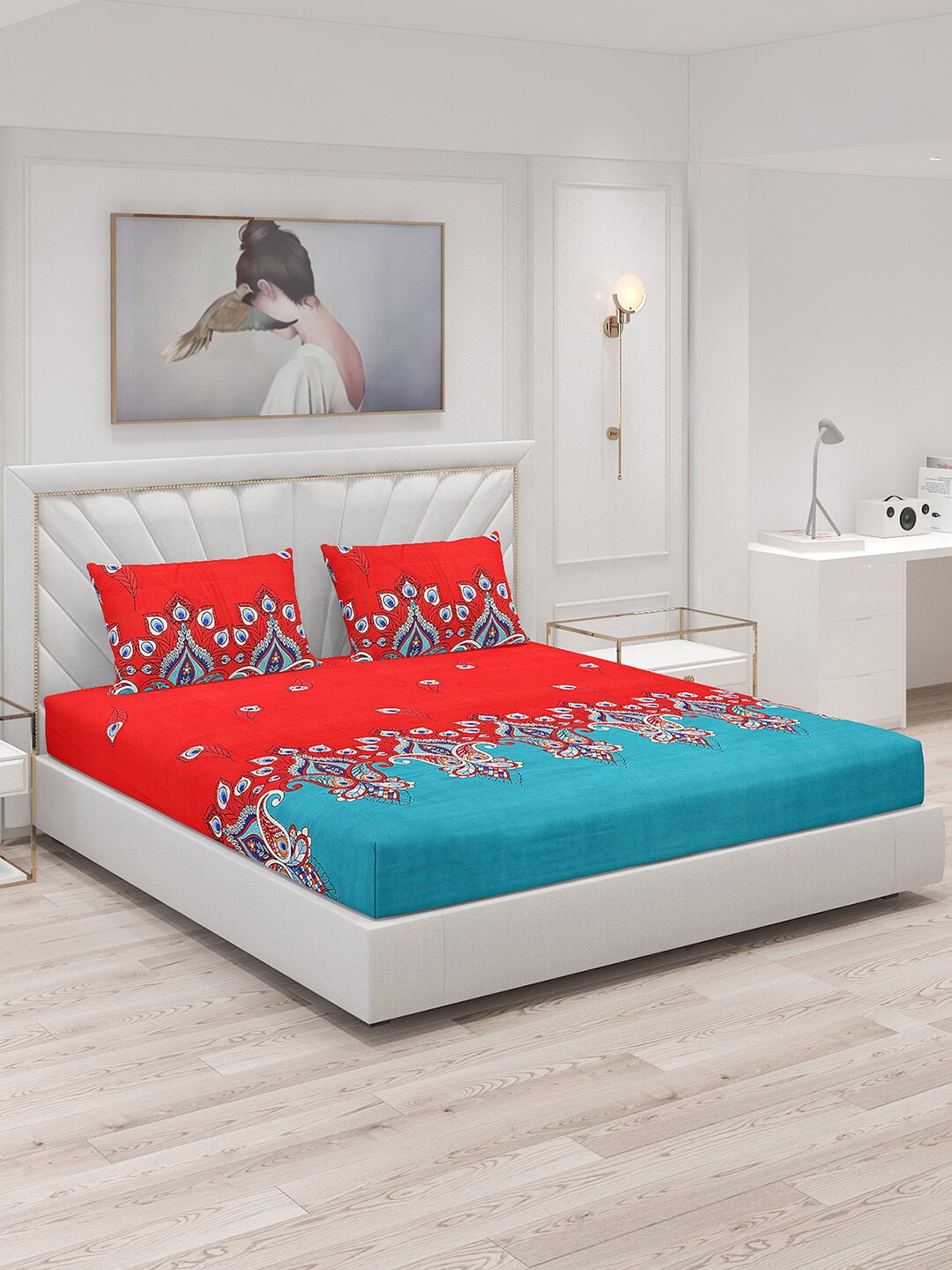 

Monte Carlo Red & Blue Ethnic Motifs Polyester 120 TC King Bedsheet With 2 Pillow Covers