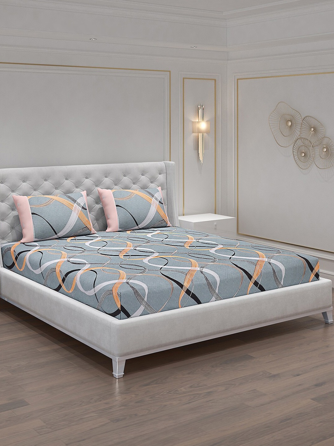 

Monte Carlo Vibrant Grey & Peach-Coloured 130 TC King Bedsheet with 2 Pillow Covers