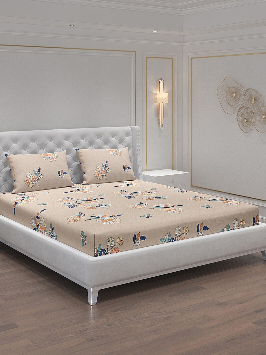 

Monte Carlo Cream-Coloured & Blue Floral 140 TC King Bedsheet With 2 Pillow Covers