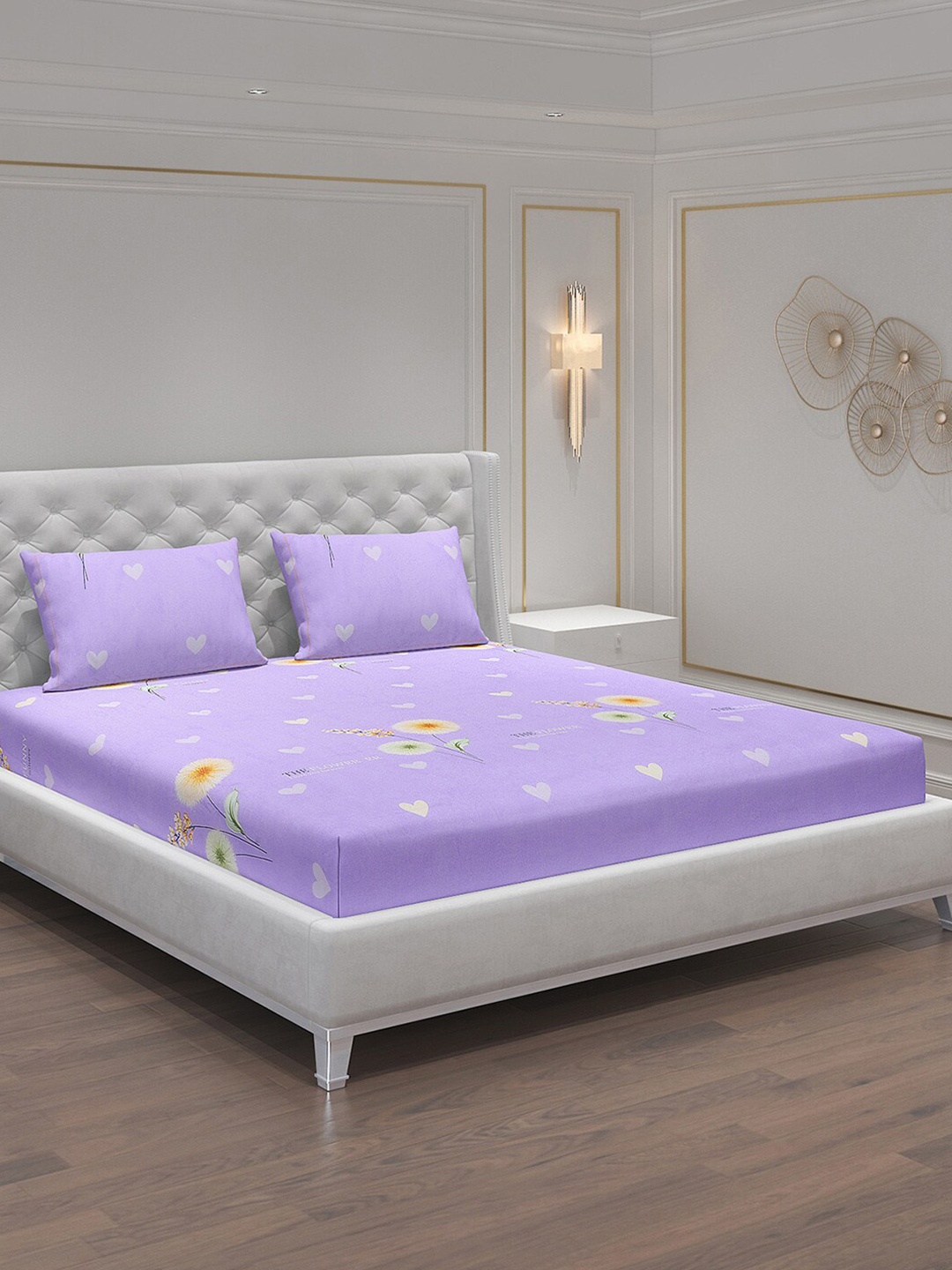 

Monte Carlo Purple & Yellow Floral Polyester 140 TC King Bedsheet With 2 Pillow Covers
