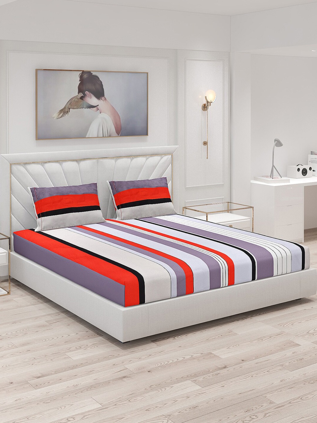 

Monte Carlo Immortal Grey & Red Striped 130 TC King Bedsheet with 2 Pillow Covers