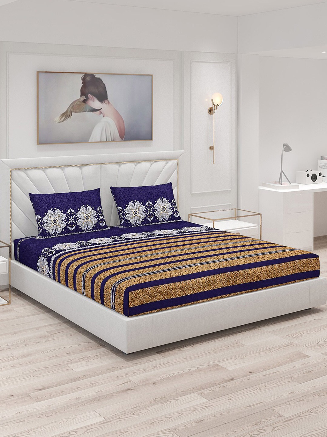 

Monte Carlo Navy Blue & White Floral Polyester 120 TC King Bedsheet With 2 Pillow Covers