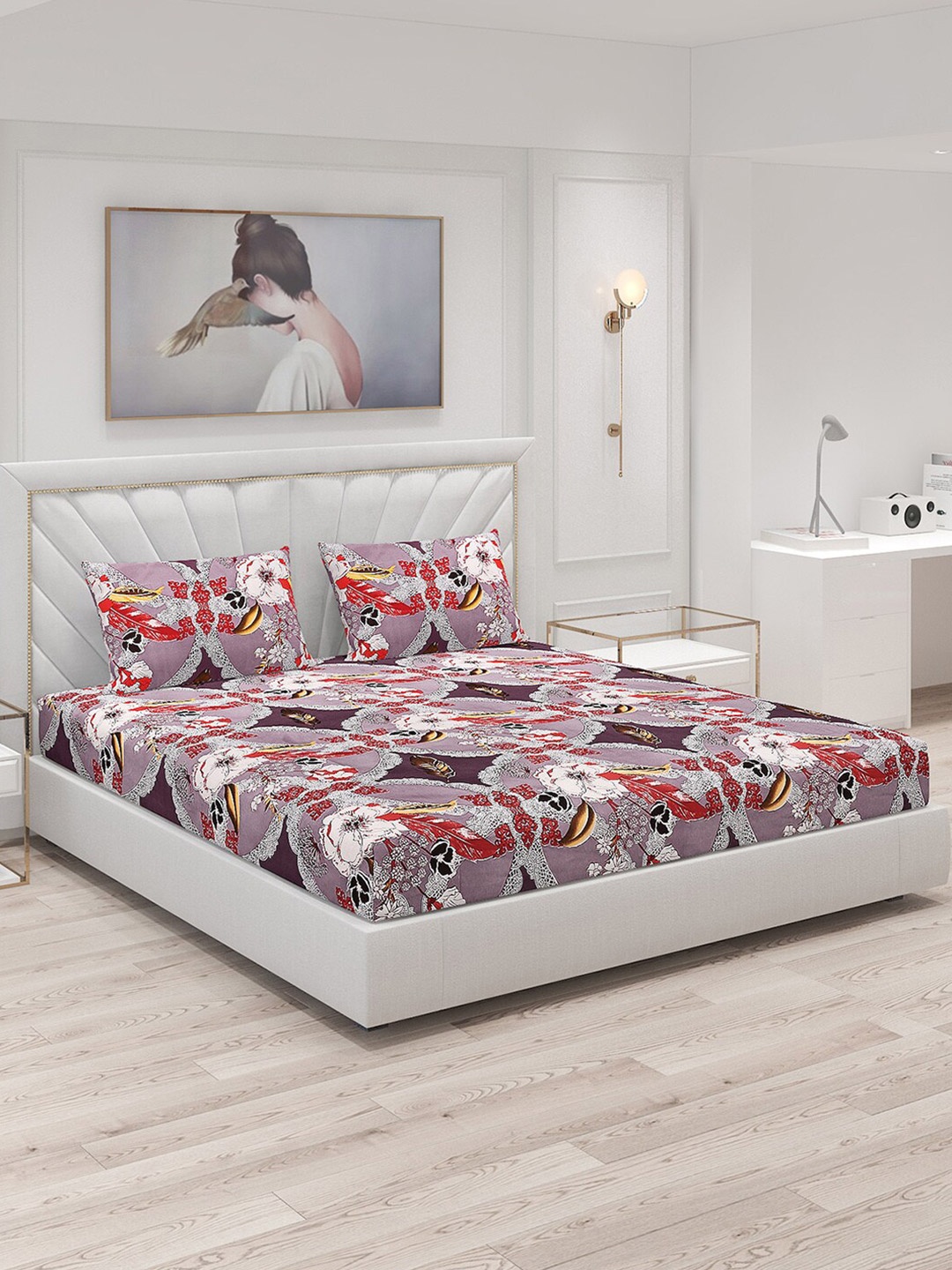 

Monte Carlo Grey & White Ethnic Motifs Polyester 120 TC King Bedsheet With 2 Pillow Covers