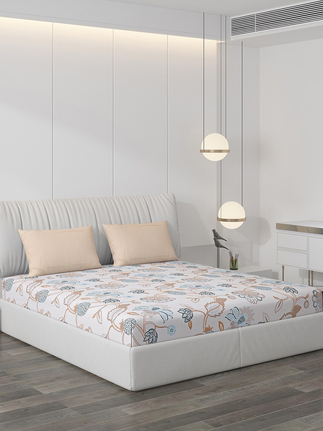 

Monte Carlo Beige & Blue Floral 130 TC King Bedsheet With 2 Pillow Covers