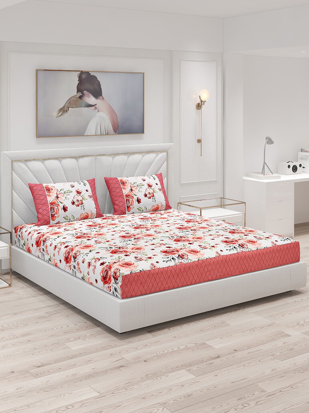 

Monte Carlo White & Red Floral Polyester 130 TC King Bedsheet With 2 Pillow Covers