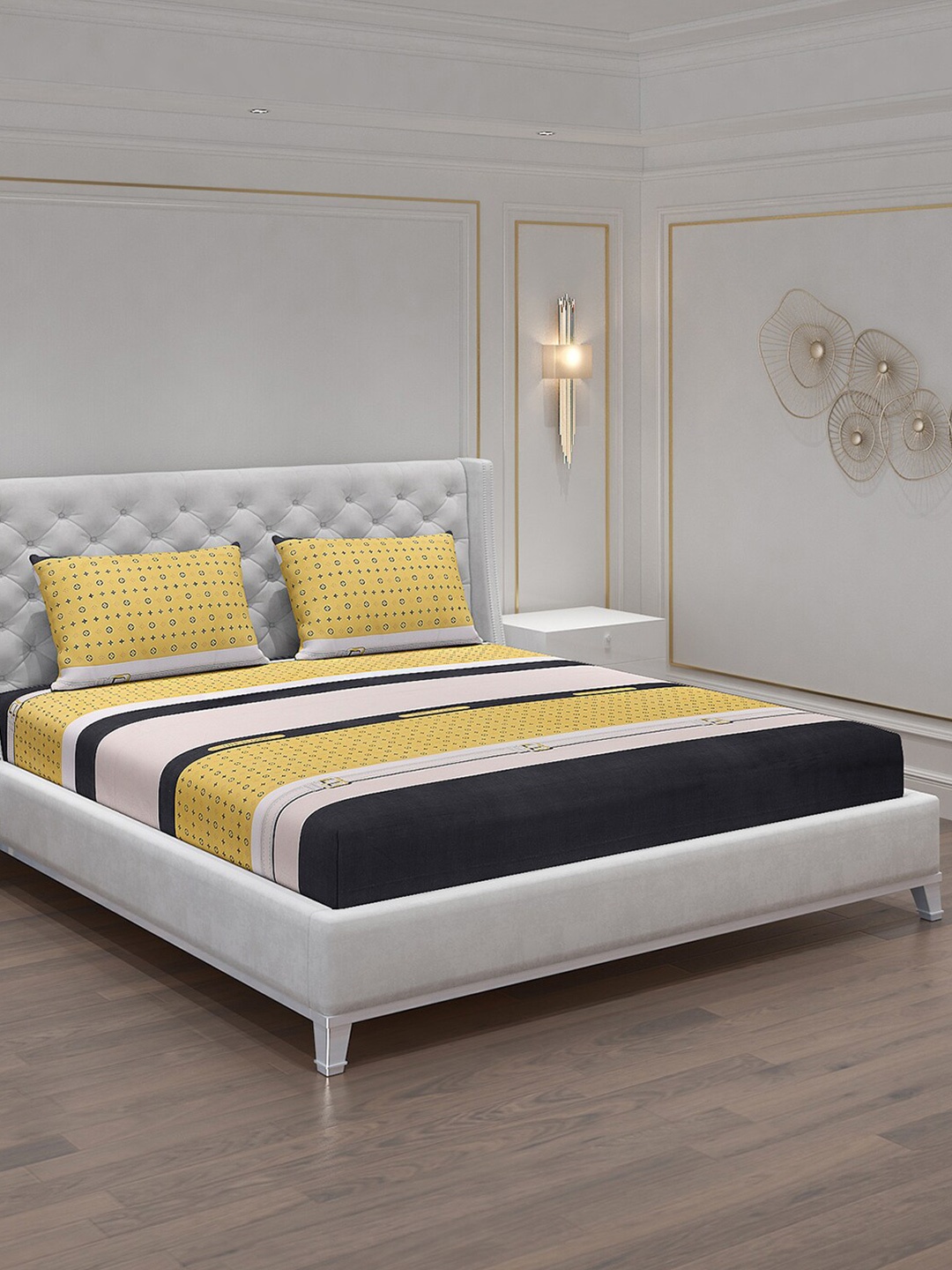 

Monte Carlo Prism Mustard Yellow & White 120 TC King Bedsheet with 2 Pillow Covers