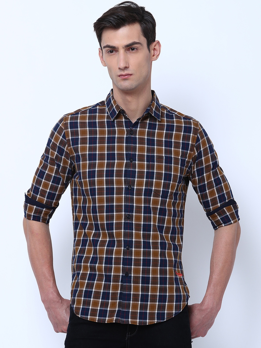 

LOCOMOTIVE Men Navy Blue & Khaki Slim Fit Checked Casual Shirt