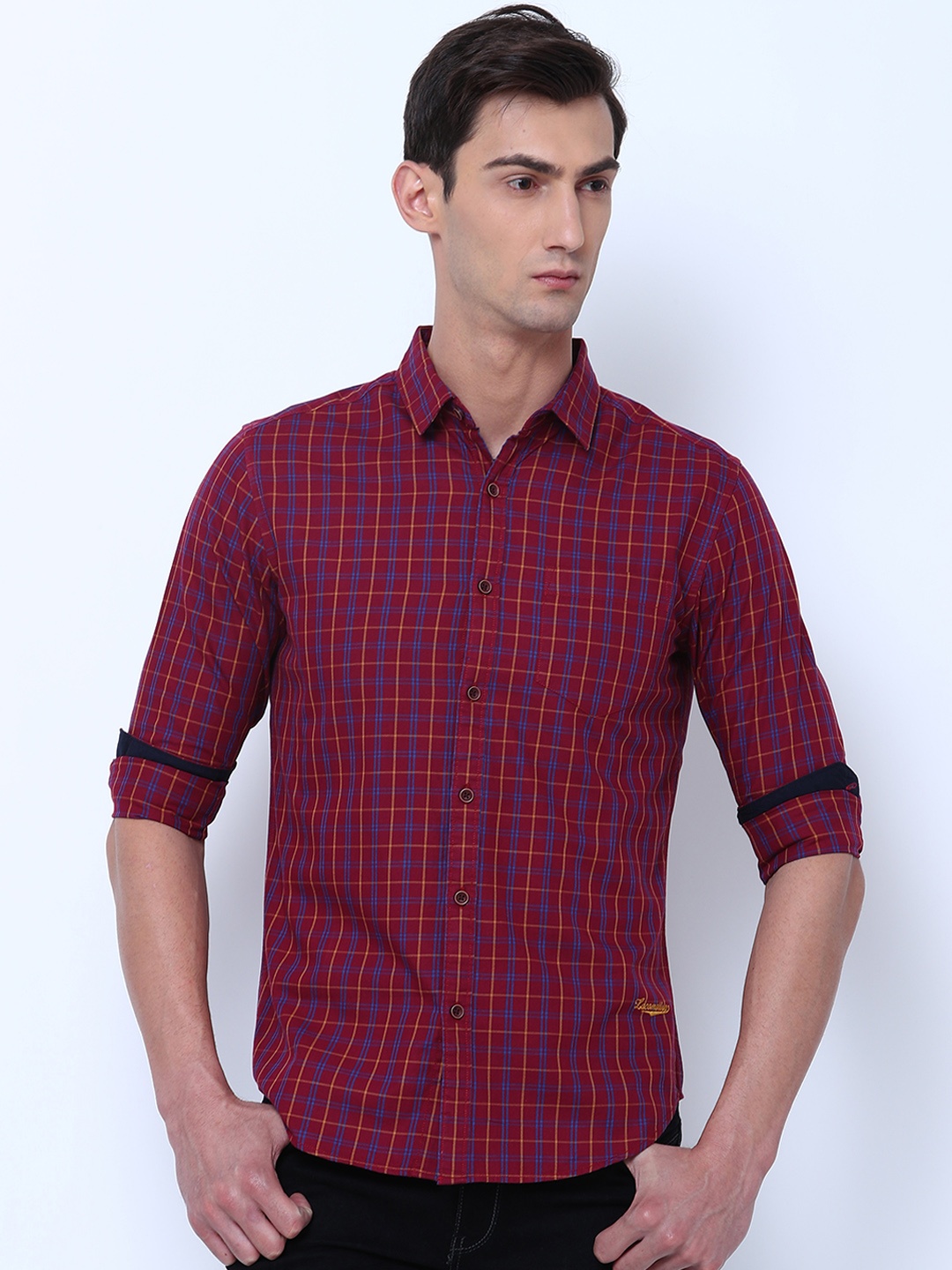 

LOCOMOTIVE Men Maroon & Mustard Slim Fit Checked Casual Shirt