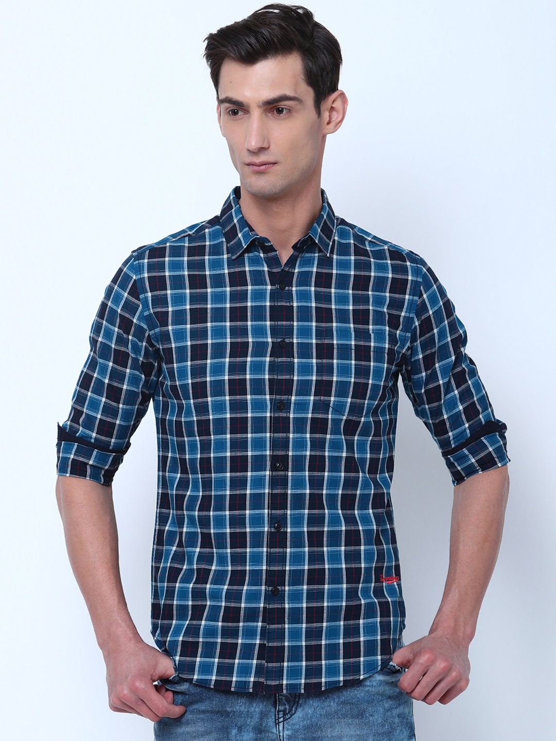 

LOCOMOTIVE Men Navy Blue & Teal Slim Fit Checked Casual Shirt