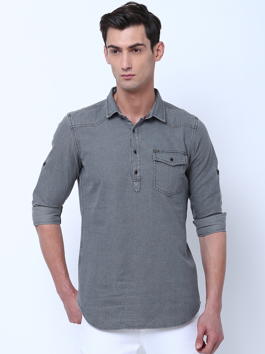

LOCOMOTIVE Men Grey Slim Fit Solid Casual Shirt