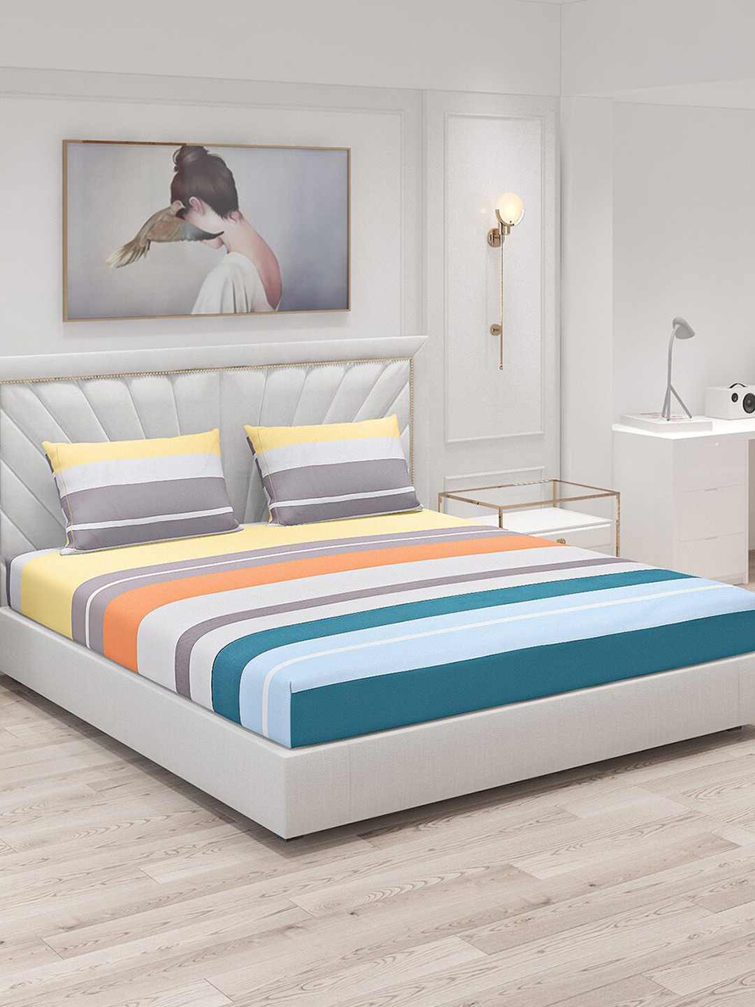 

Monte Carlo Grey & Orange Striped 130 TC King Bedsheet With 2 Pillow Covers