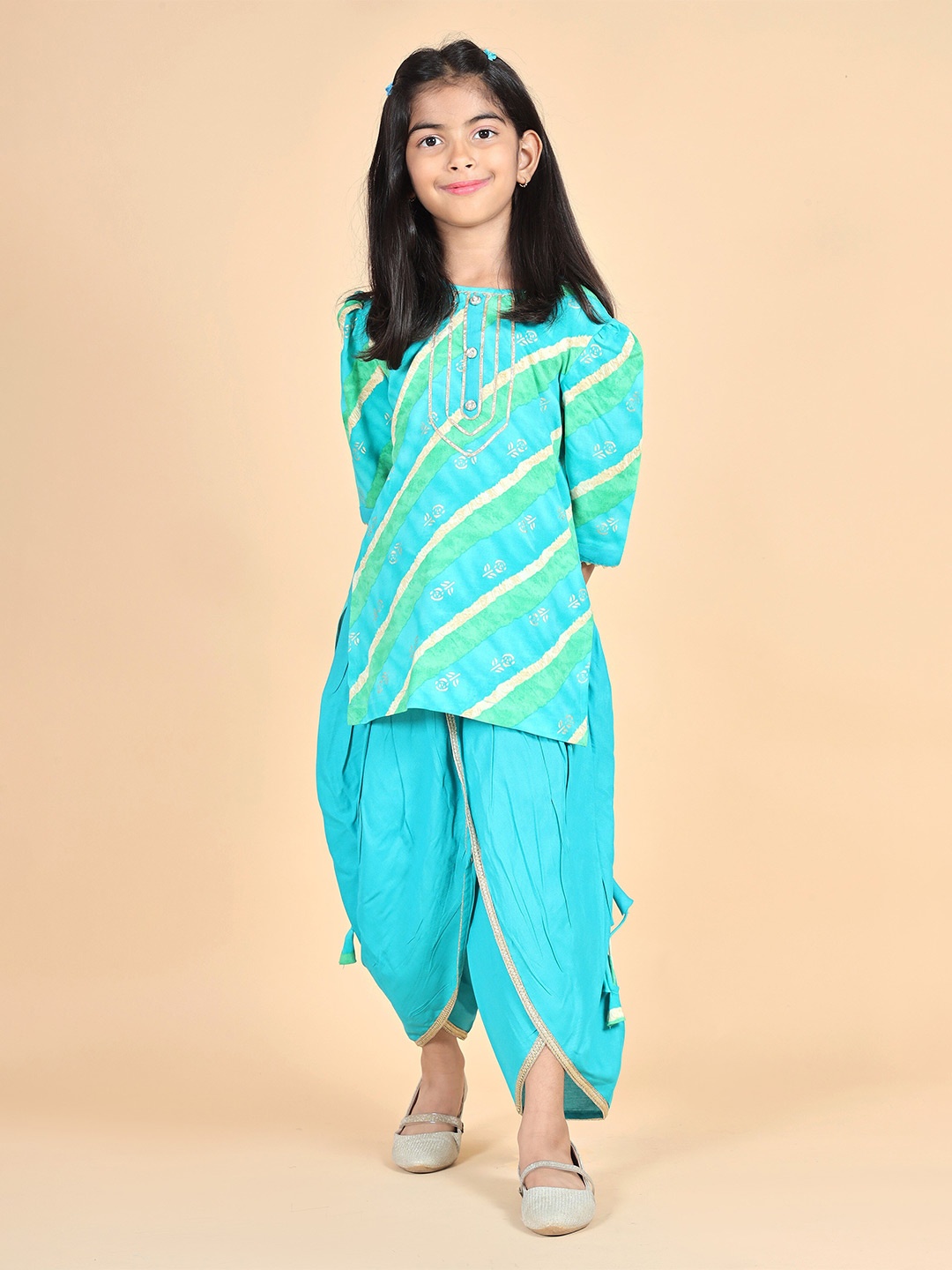 

misbis Girls Leheriya Printed Kurta with Dhoti Pants, Sea green