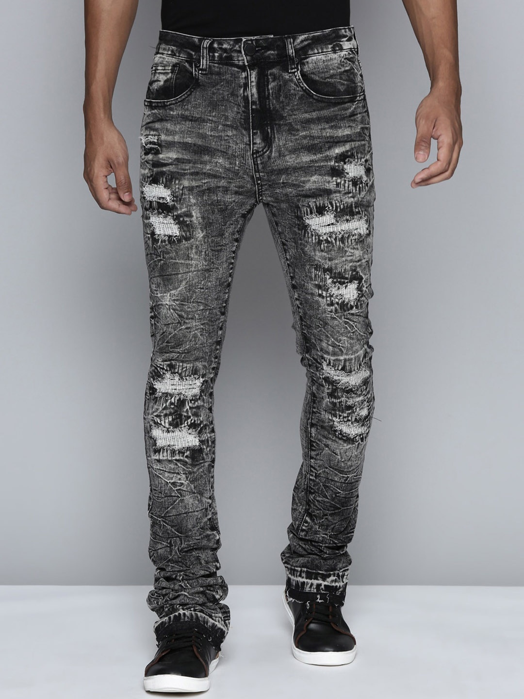 

WAIMEA Men Hollywood Bootcut Highly Distressed Heavy Fade Stretchable Jeans, Black