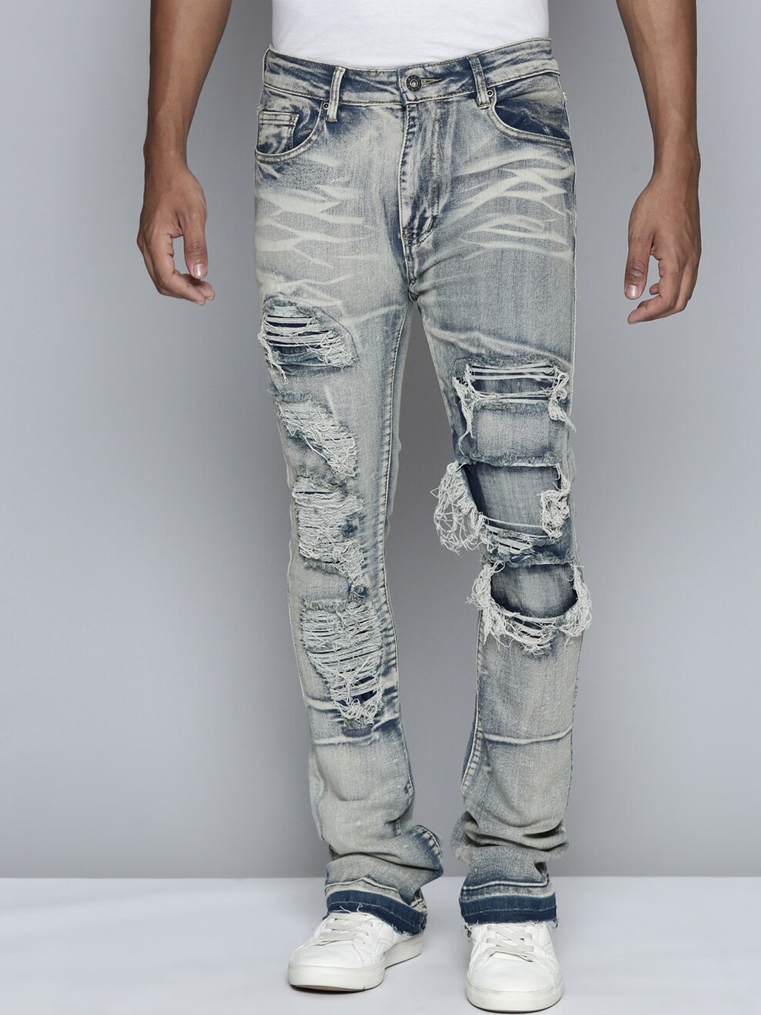 

WAIMEA Men Hollywood Bootcut Highly Distressed Heavy Fade Stretchable Jeans, Blue