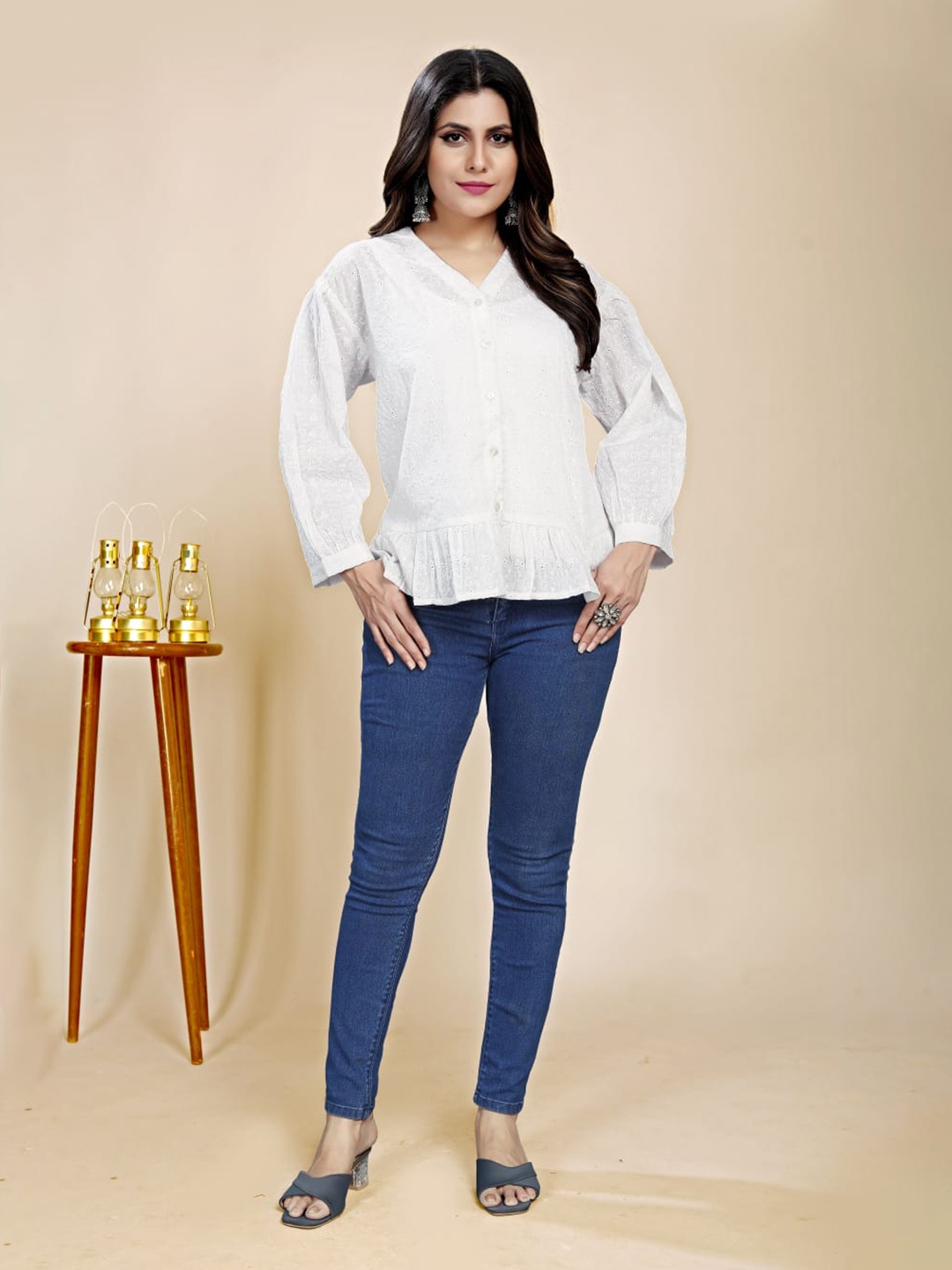 

BAESD Self Design Drop-Shoulder Ruffles Cotton Shirt Style Top, White