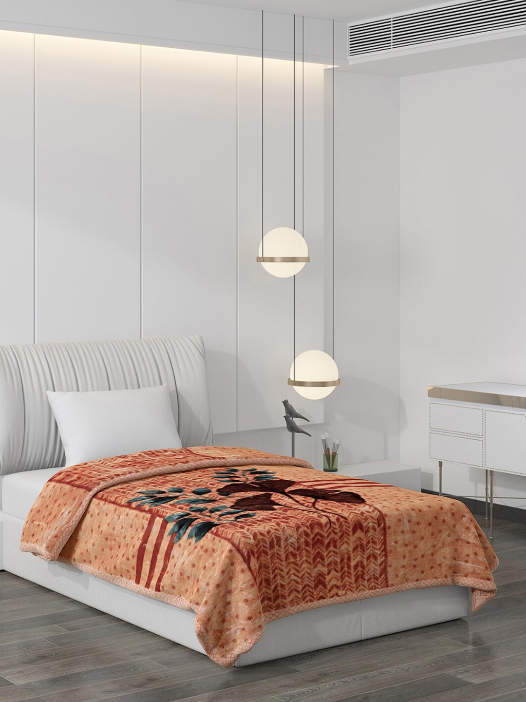 

Monte Carlo Peach-Coloured & Blue Floral Mild Winter 1000 GSM Single Bed Blanket