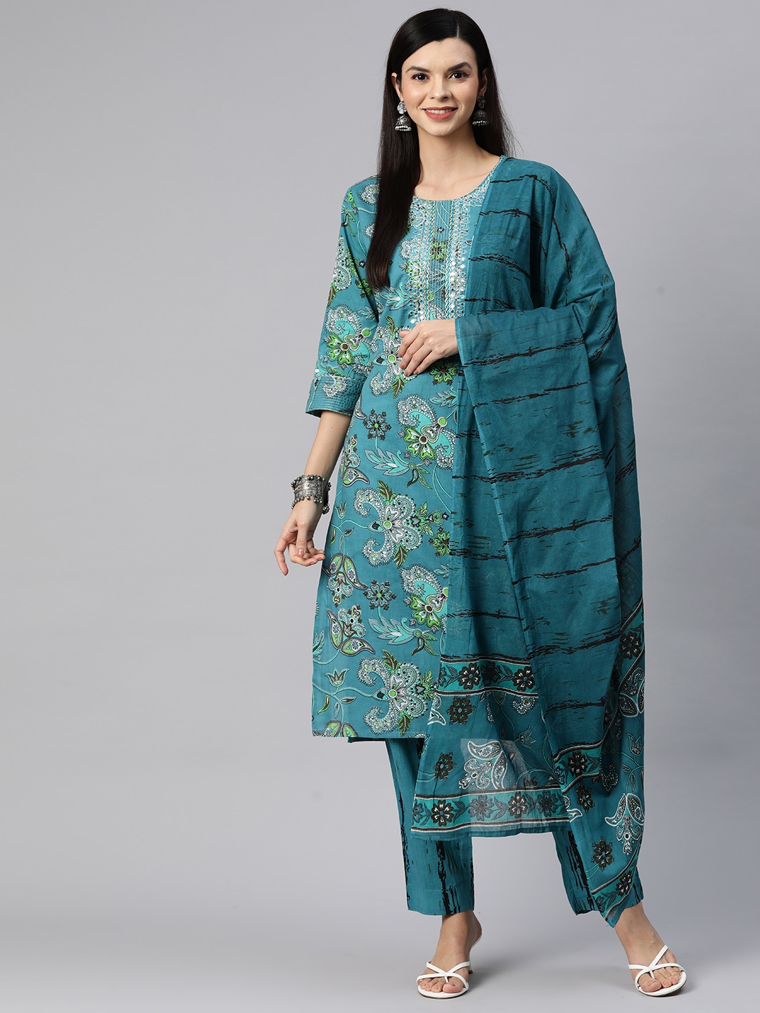 

Readiprint Fashions Women Floral Printed Mirror Work Cotton Kurta with Palazzos & Dupatta, Teal