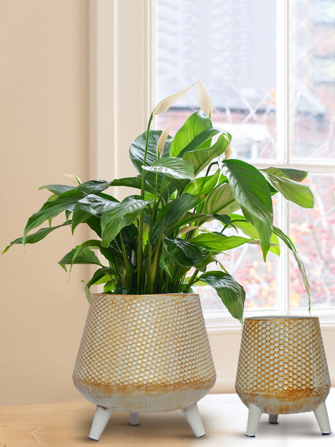 

ecofynd White & Yellow 2 Pieces Textured Metal Planters With Stand