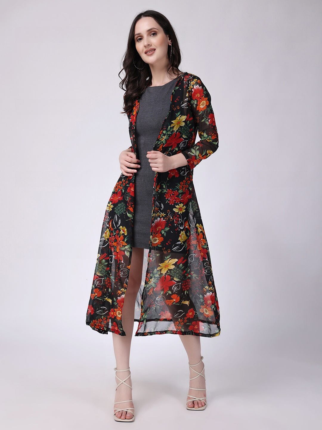 

SCORPIUS Floral Printed Open Front Longline Shrug, Black