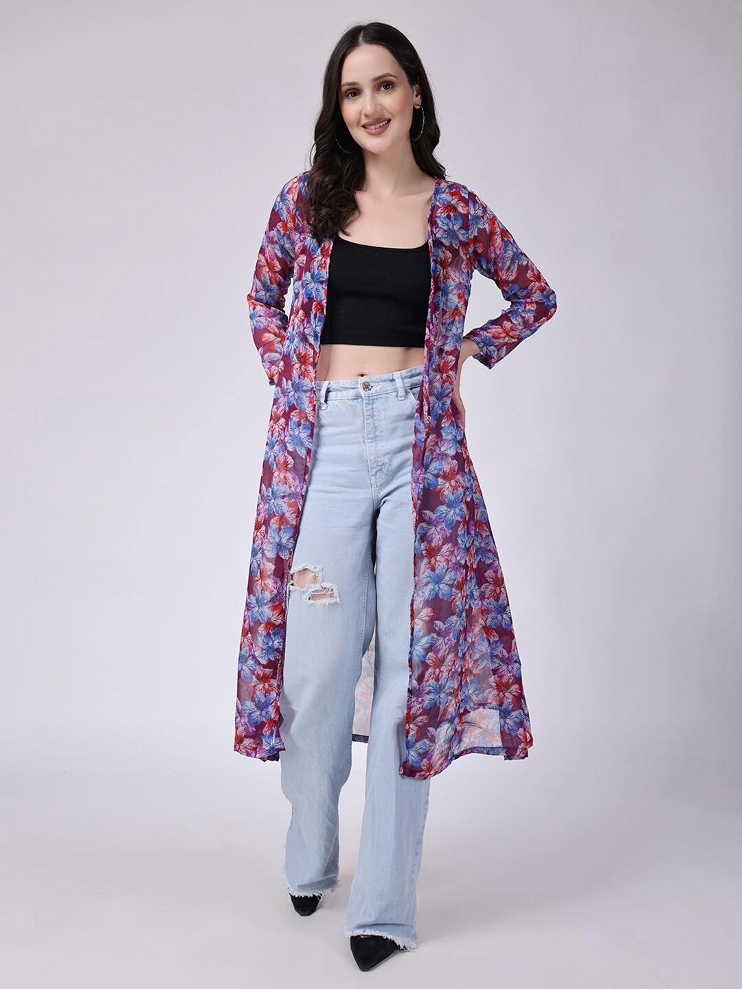 

SCORPIUS Floral Printed Open Front Longline Shrug, Purple