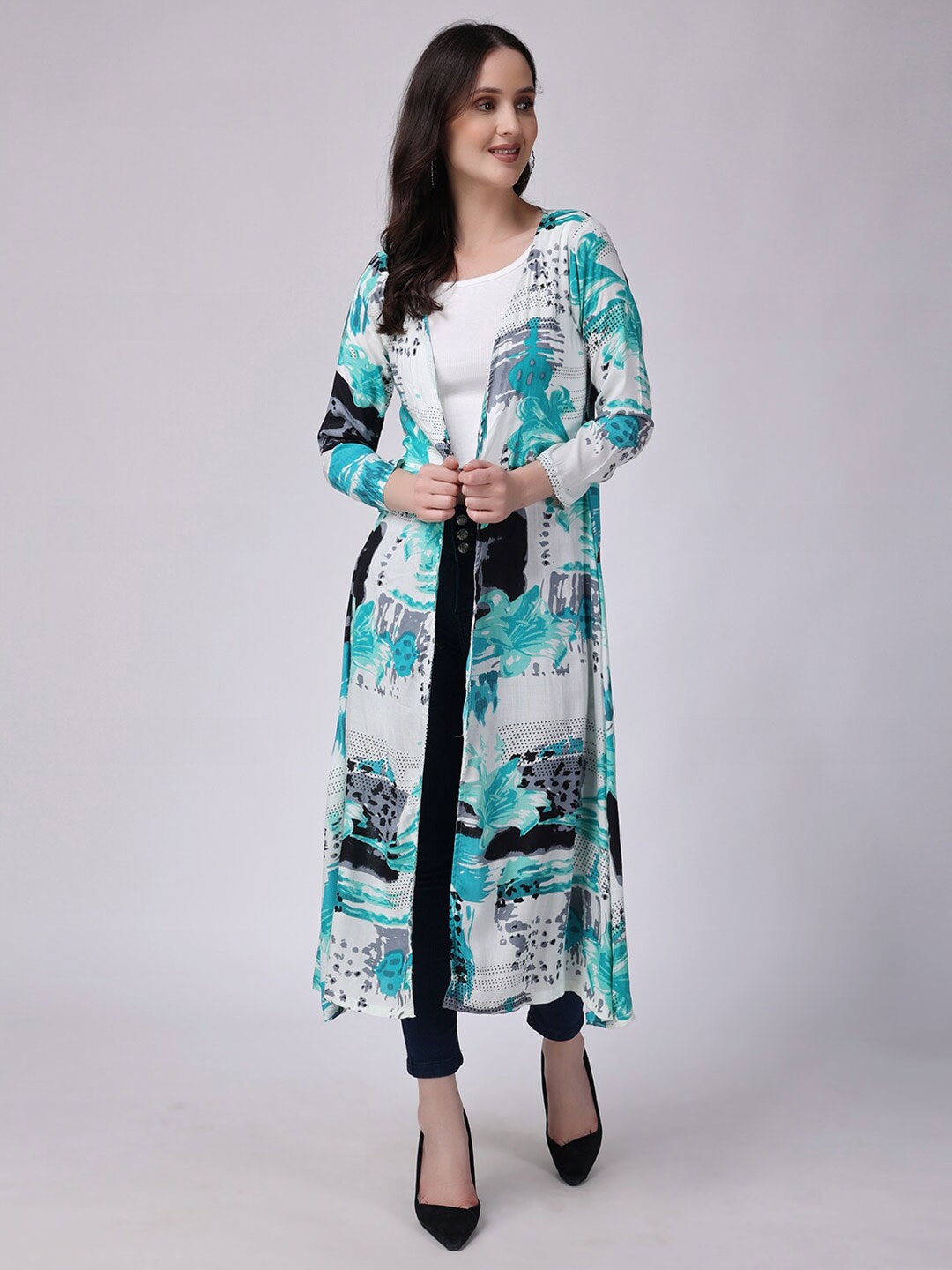 

SCORPIUS Floral Printed Open Front Longline Shrug, Green