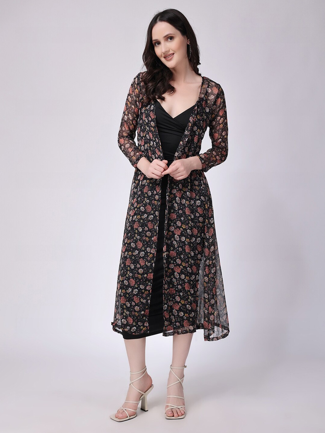 

SCORPIUS Floral Printed Open Front Longline Shrug, Black