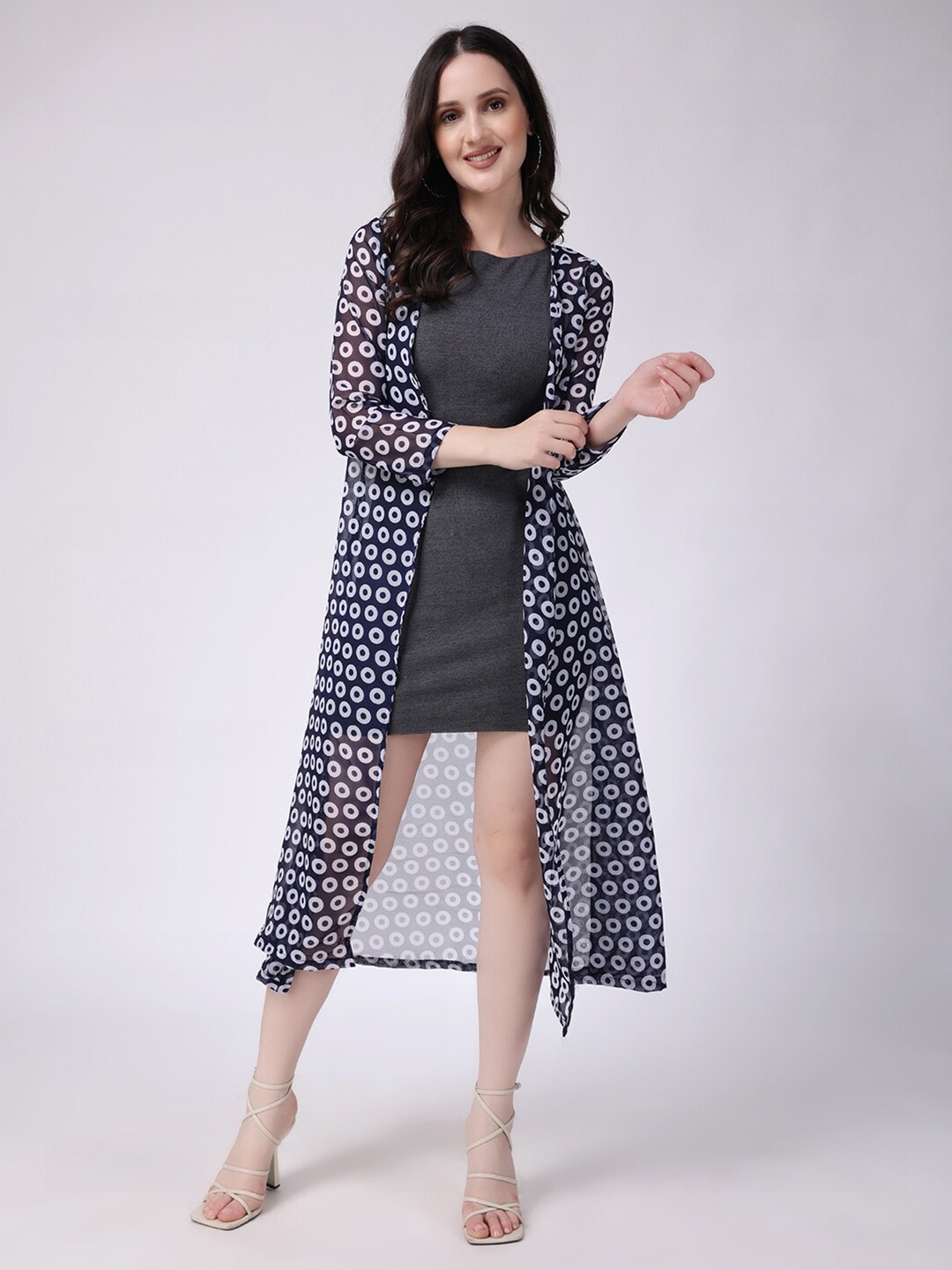 SCORPIUS Floral Printed Open Front Longline Shrug, Navy blue