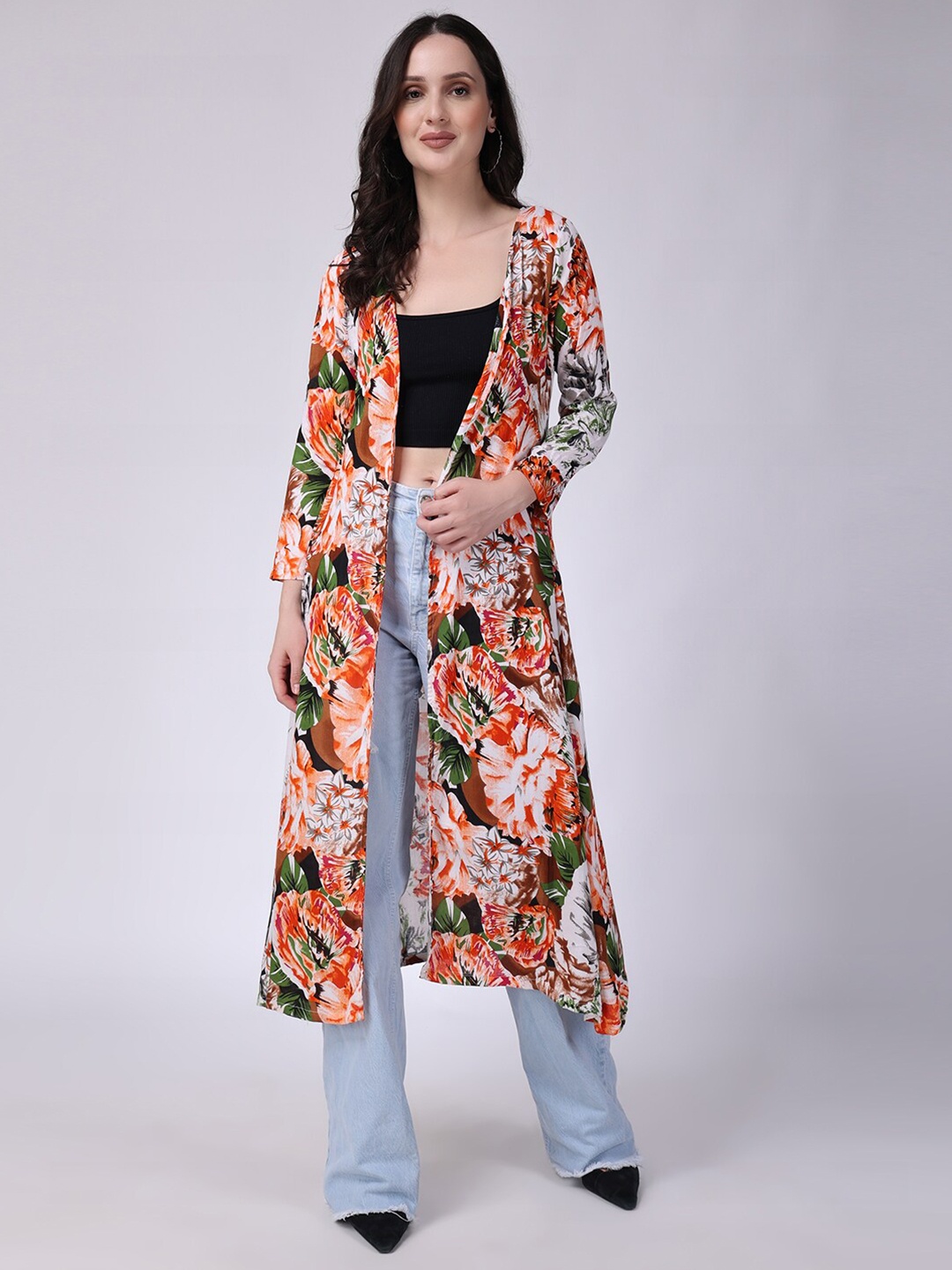 

SCORPIUS Floral Printed Longline Shrug, Red