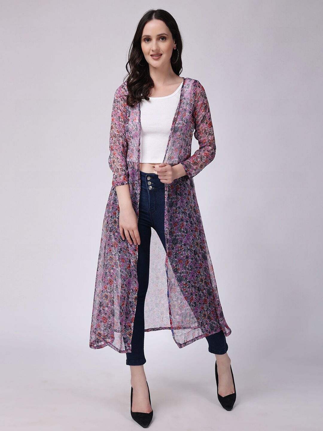

SCORPIUS Floral Printed Open Front Longline Shrug, Purple