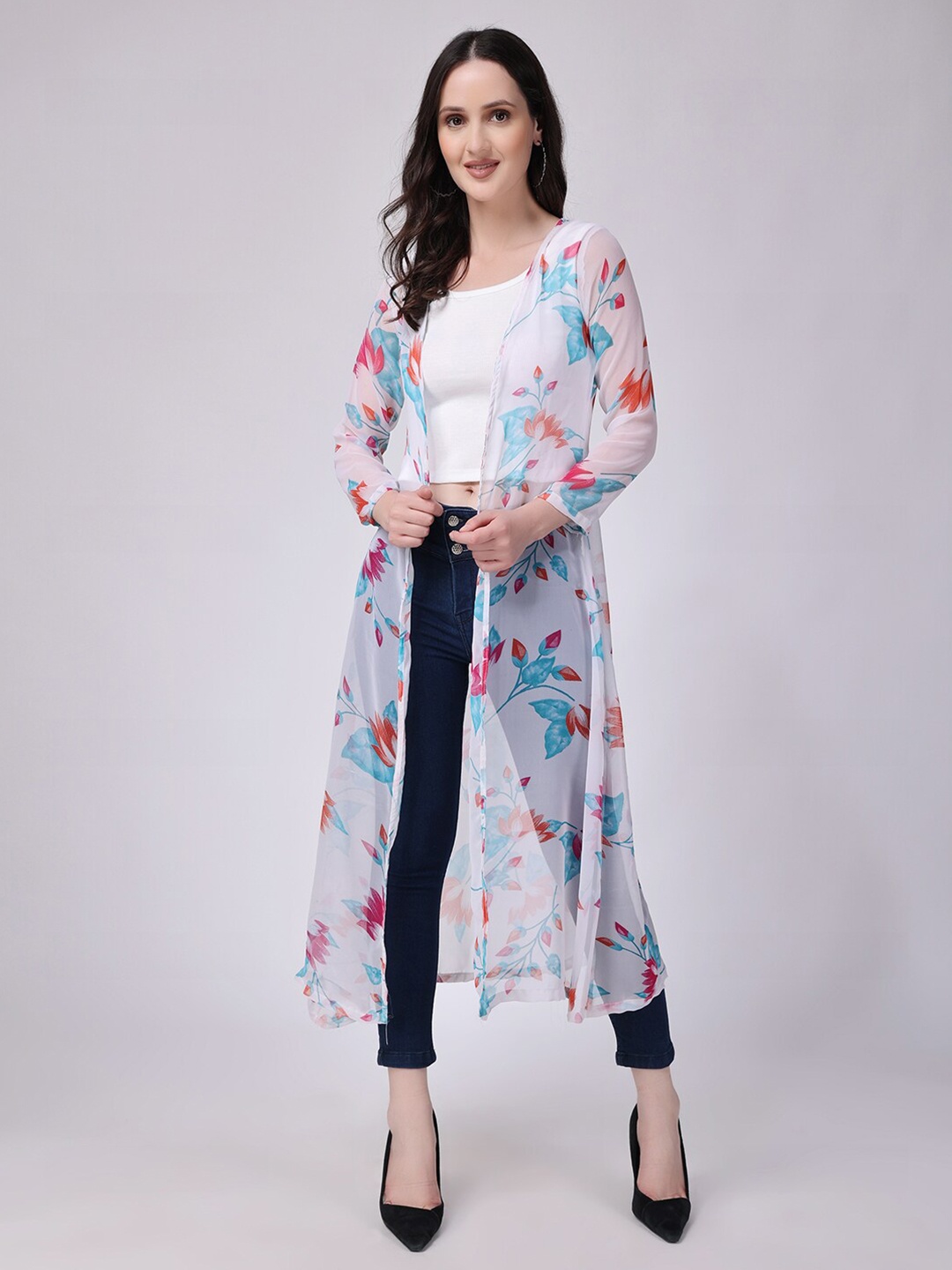 

SCORPIUS Floral Printed Longline Shrug, White