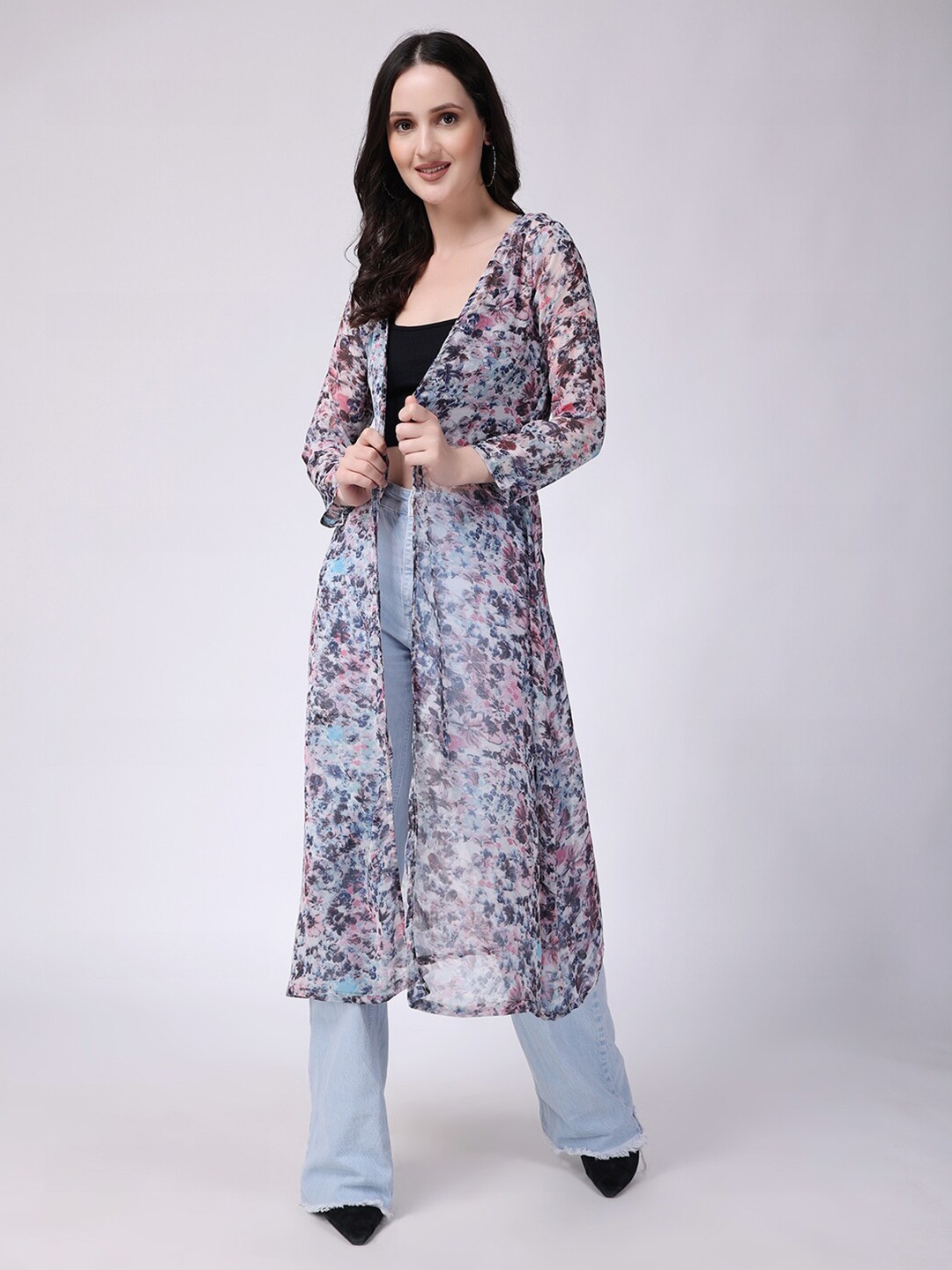 

SCORPIUS Women Floral Printed Longline Shrug, Grey