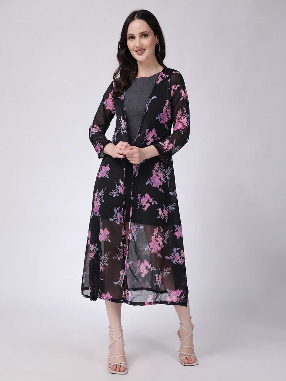 SCORPIUS Floral Printed Longline Shrug, Black