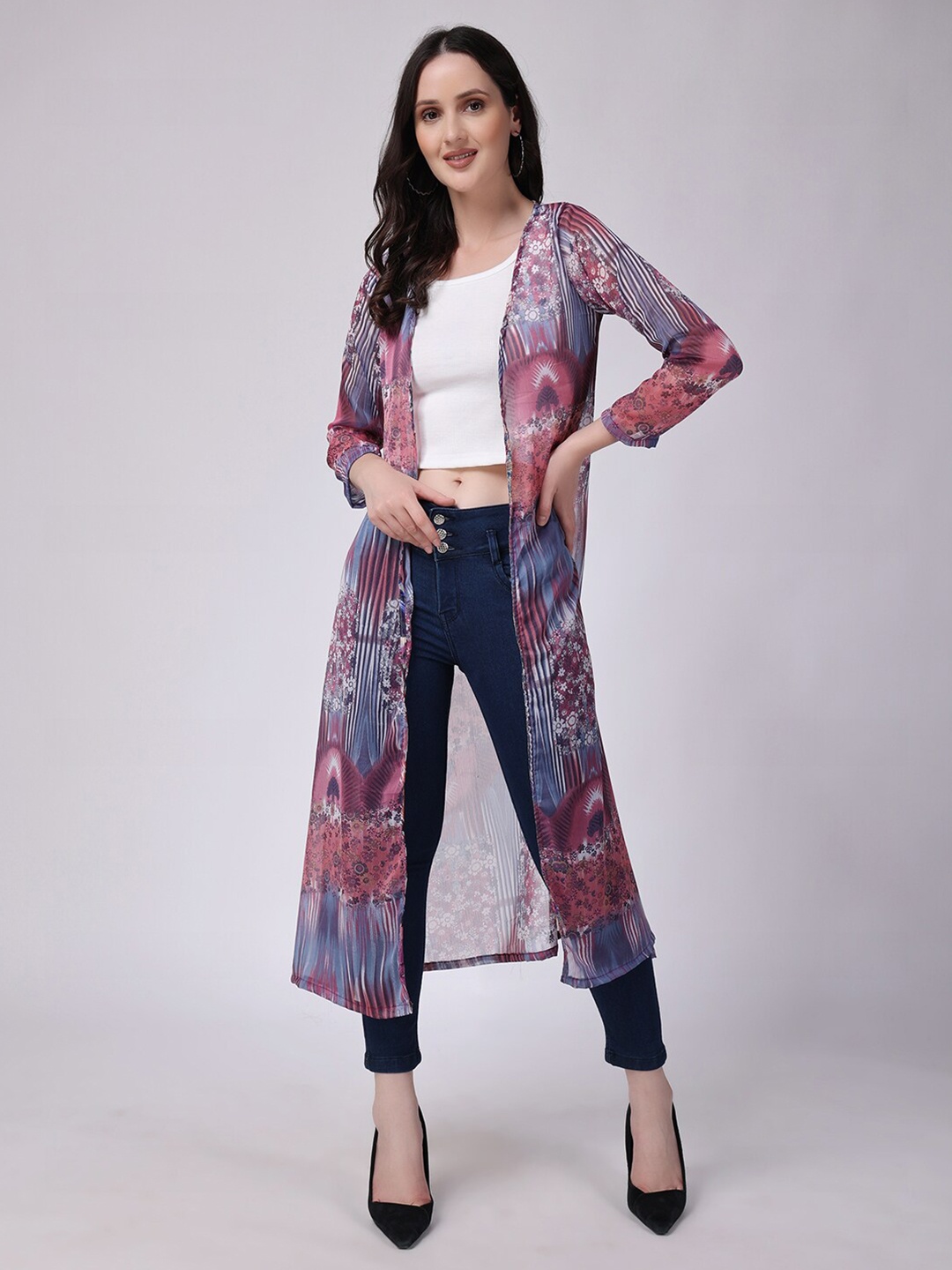 

SCORPIUS Floral Printed Open Front Longline Shrug, Purple