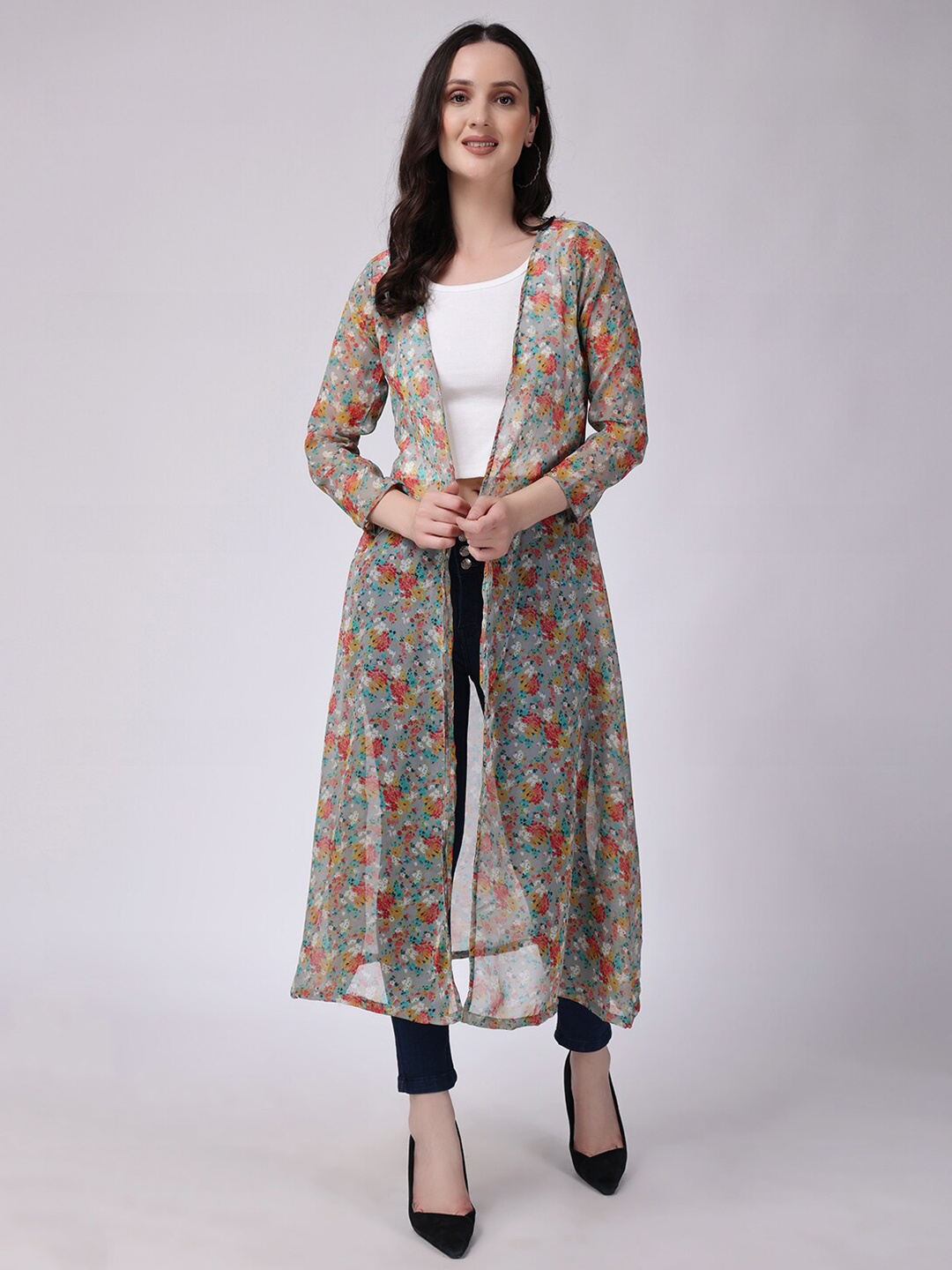 

SCORPIUS Floral Printed Open Front Longline Shrug, Green