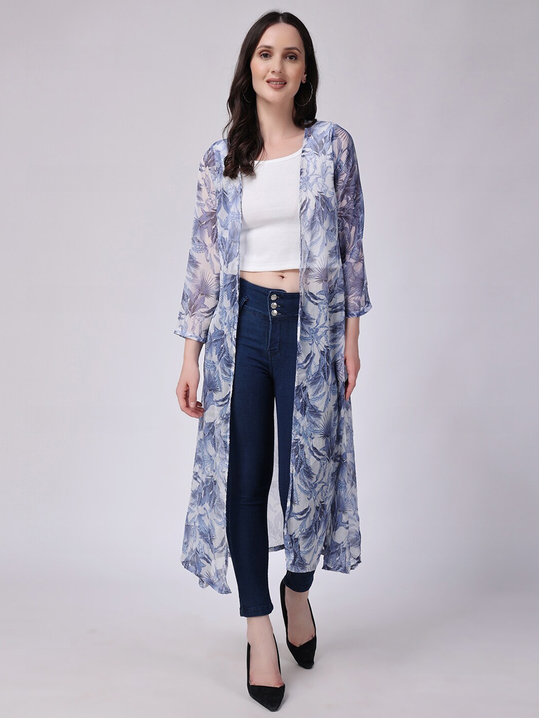 

SCORPIUS Floral Printed Open Front Longline Shrug, White