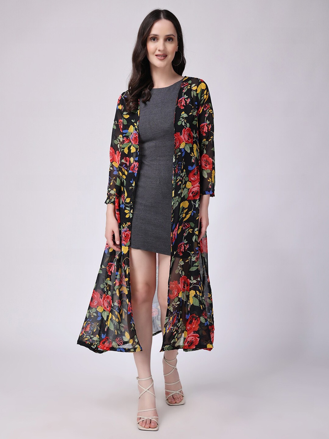 

SCORPIUS Floral Printed Open Front Longline Shrug, Black