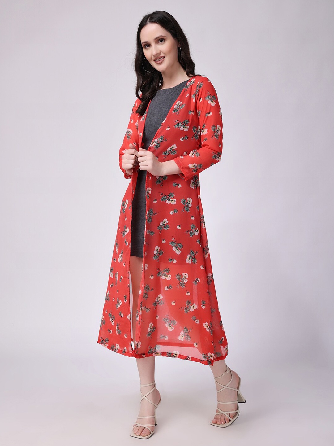 

SCORPIUS Floral Printed Open Front Longline Shrug, Orange