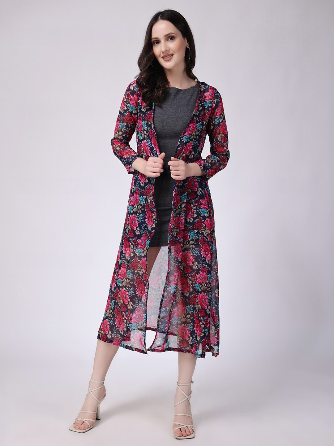 SCORPIUS Floral Printed Open Front Longline Shrug, Navy blue