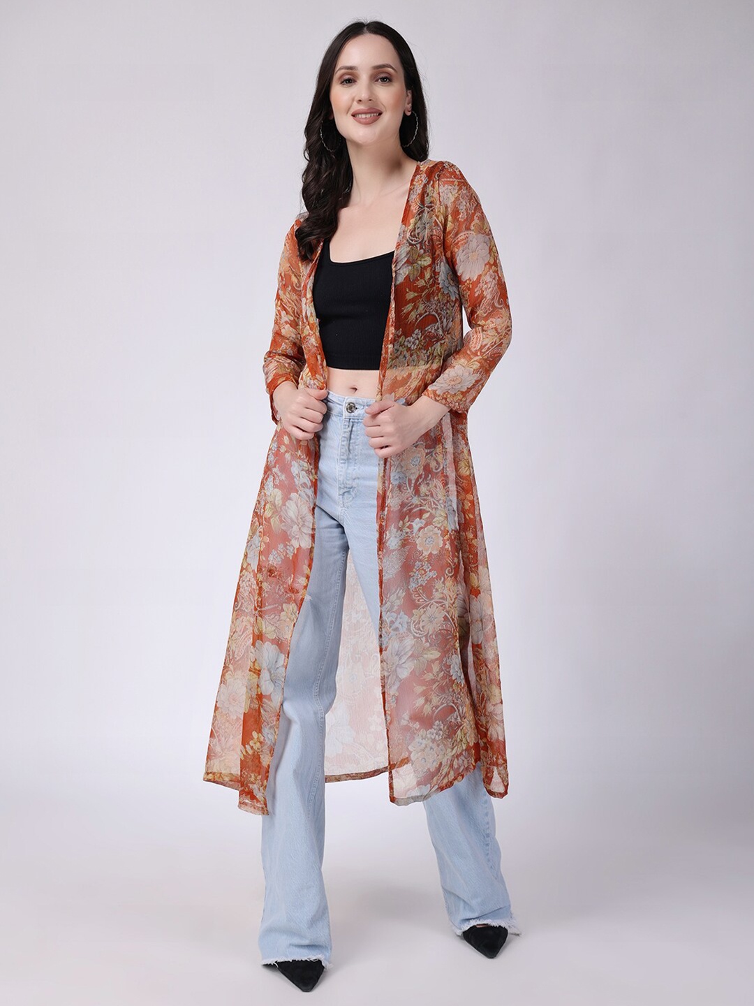 

SCORPIUS Floral Printed Open Front Longline Shrug, Coral