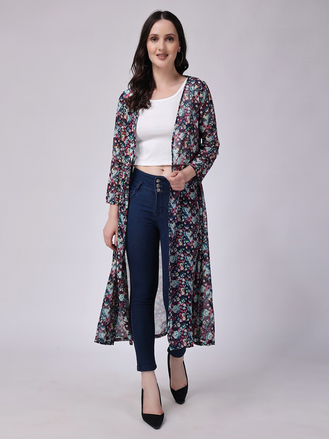 

SCORPIUS Floral Printed Open Front Longline Shrug, Navy blue