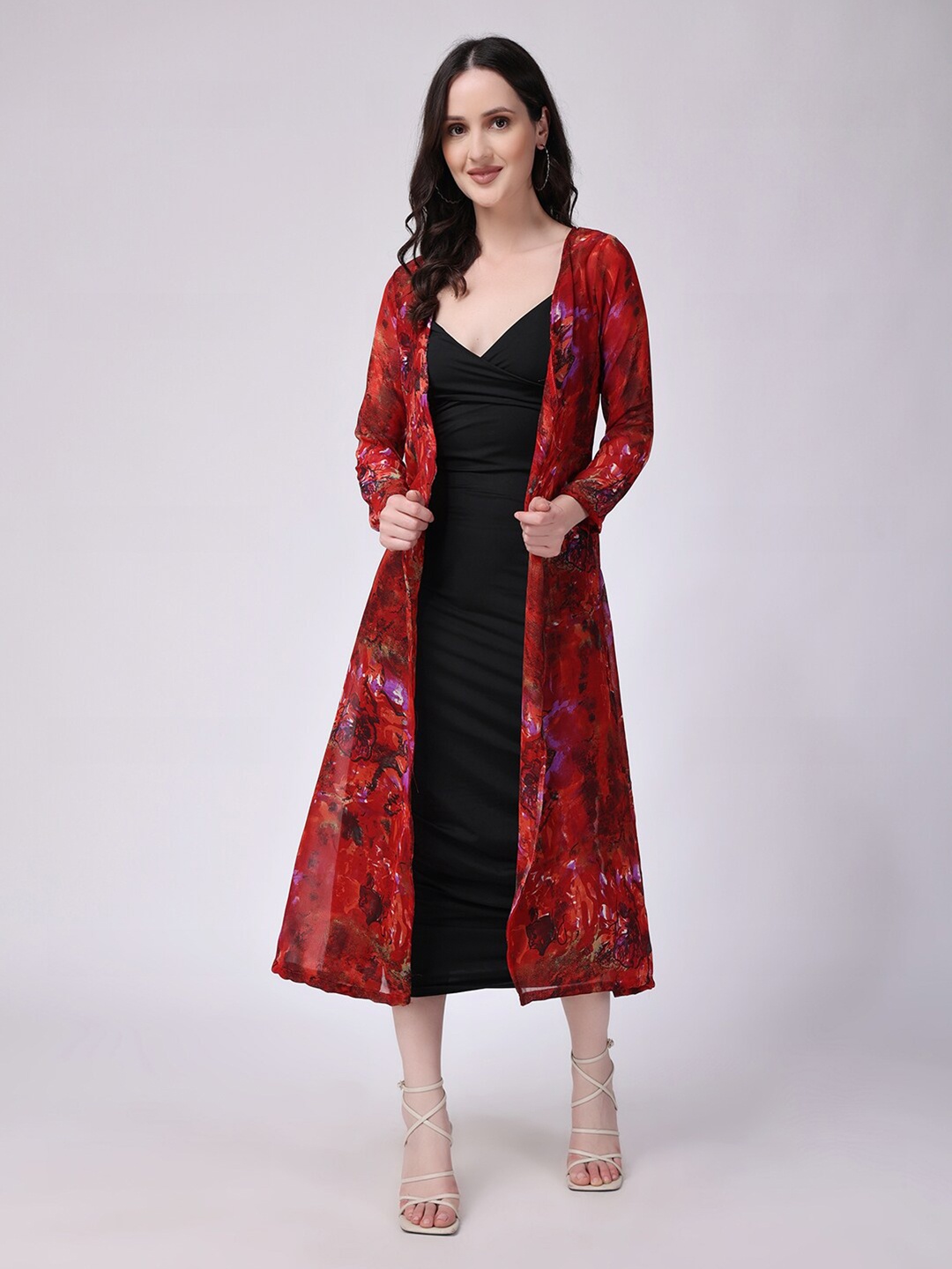 

SCORPIUS Floral Printed Open Front Longline Shrug, Red