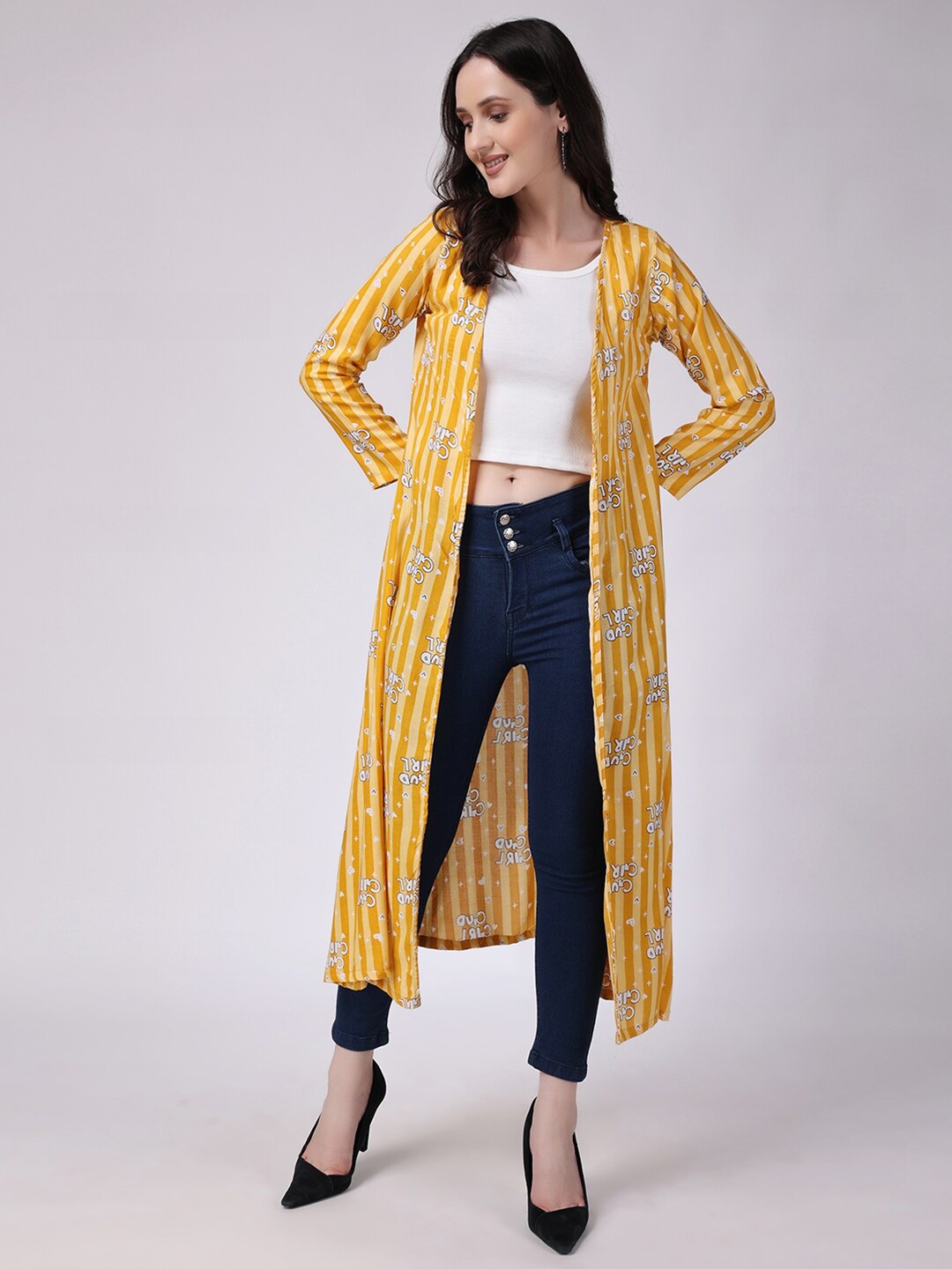 

SCORPIUS Floral Printed Open Front Longline Shrug, Yellow