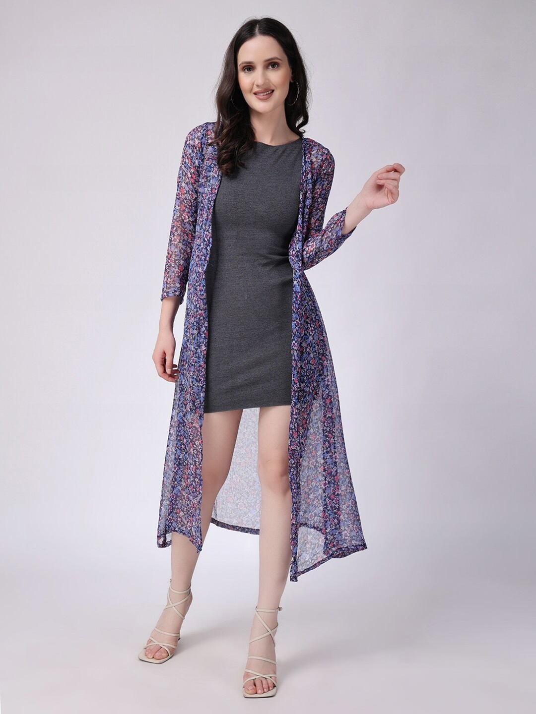SCORPIUS Floral Printed Open Front Longline Shrug, Purple