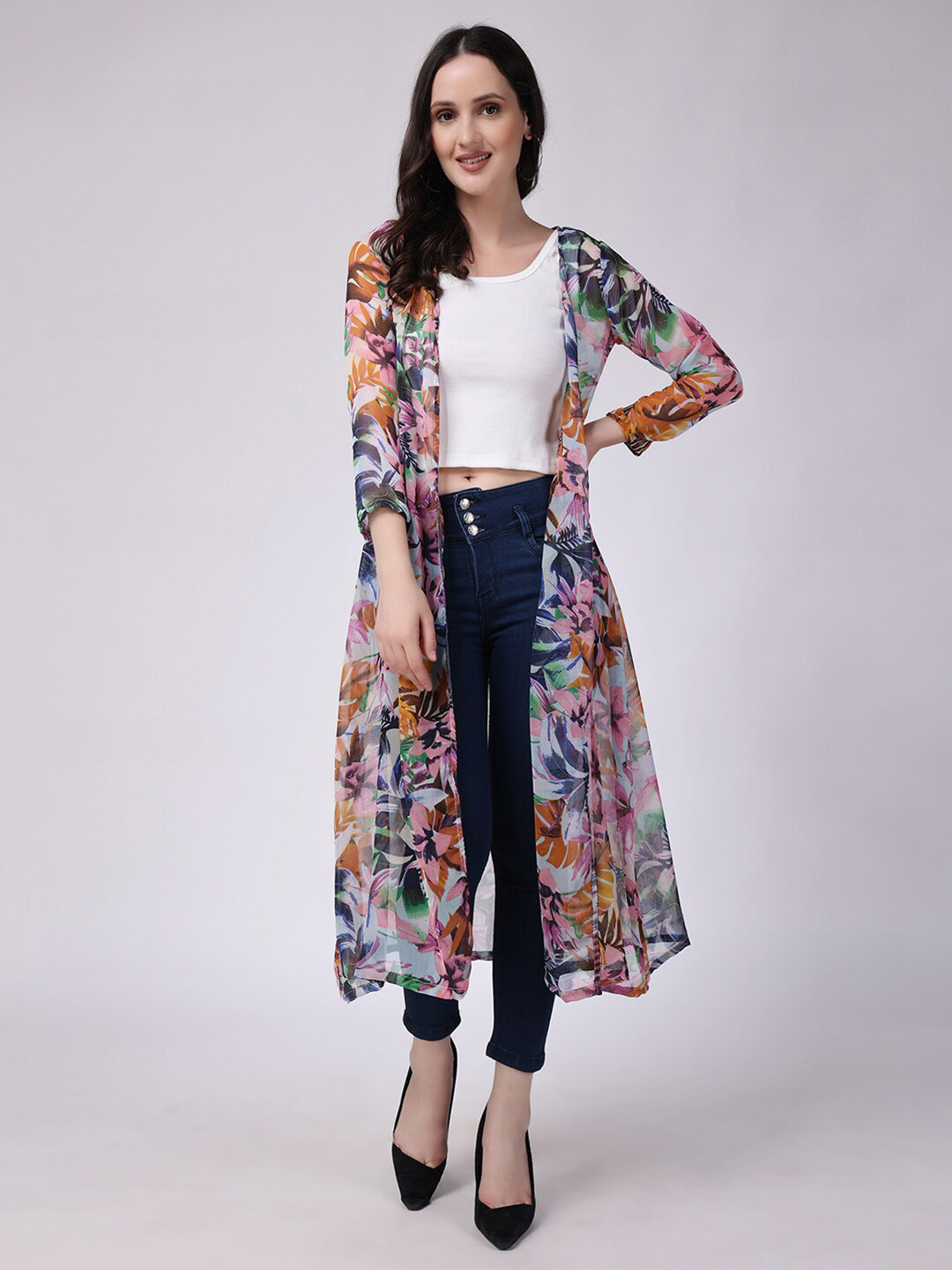 

SCORPIUS Floral Printed Open Front Longline Shrug, Purple
