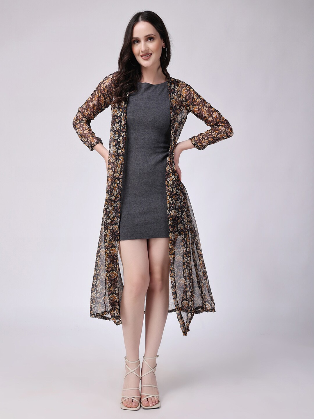 

SCORPIUS Floral Printed Open Front Longline Shrug, Black