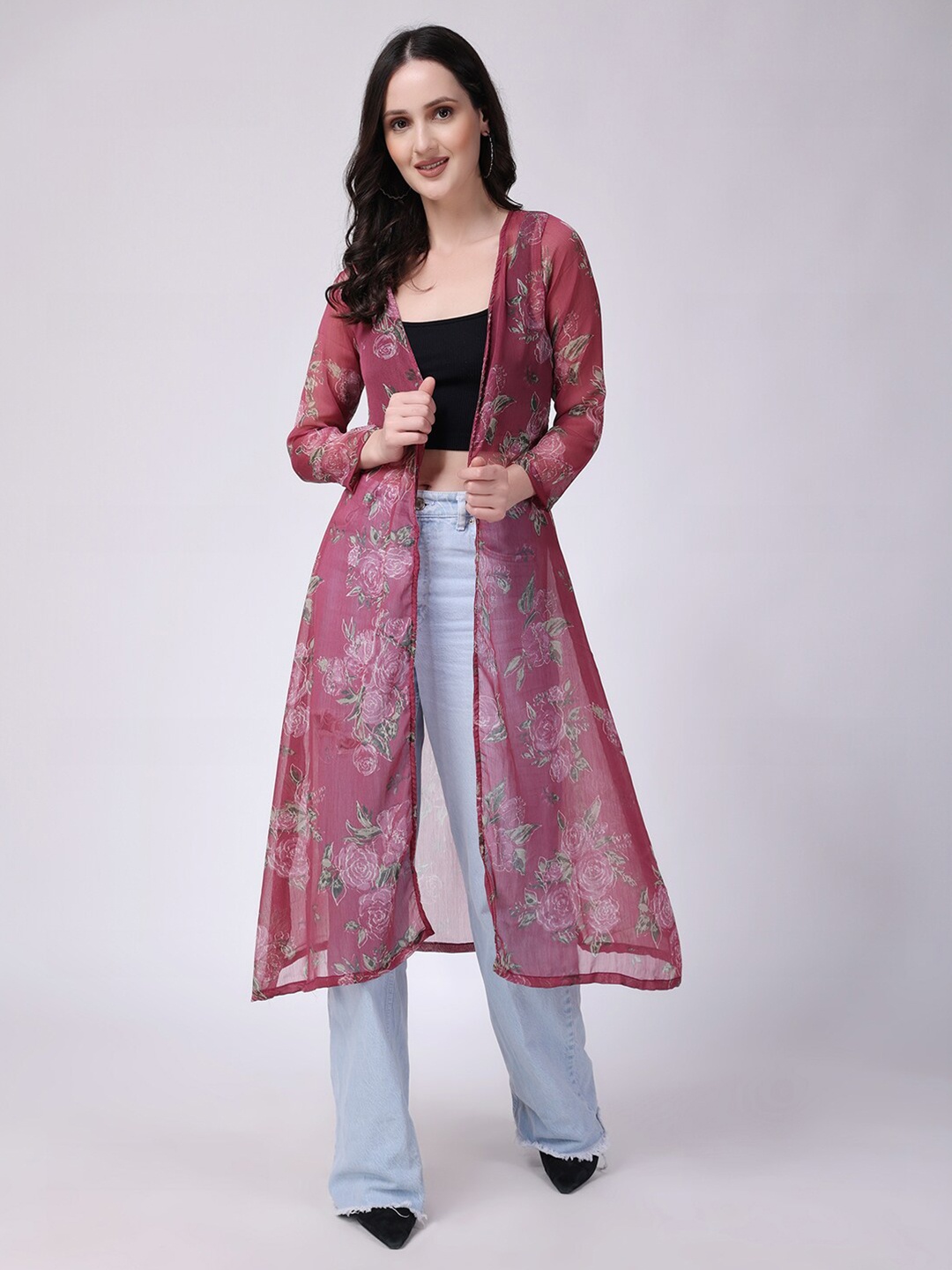 

SCORPIUS Floral Printed Open Front Longline Shrug, Pink