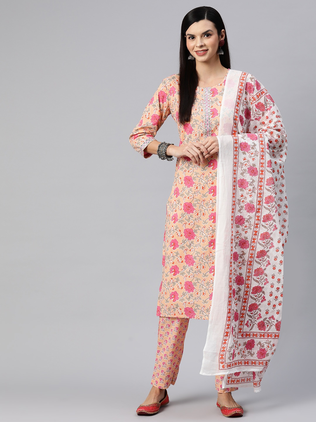 

Readiprint Fashions Women Floral Printed Mirror Work Cotton Kurta with Palazzos & Dupatta, Peach