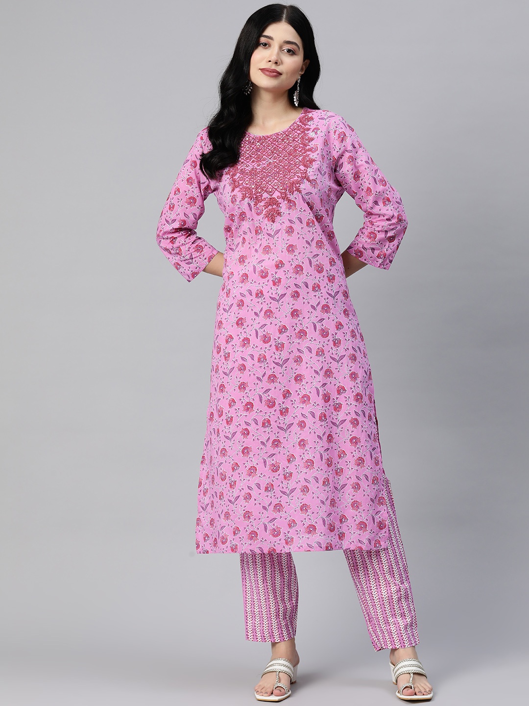 Readiprint Women Floral Printed Regular Mirror Work Cotton Kurta with Palazzos, Pink